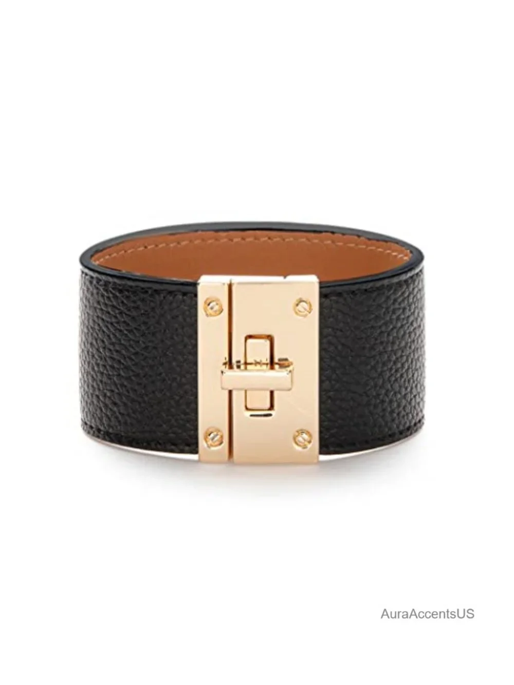 Leather Wrap Bracelet for Women Gold Twist Lock Cuff